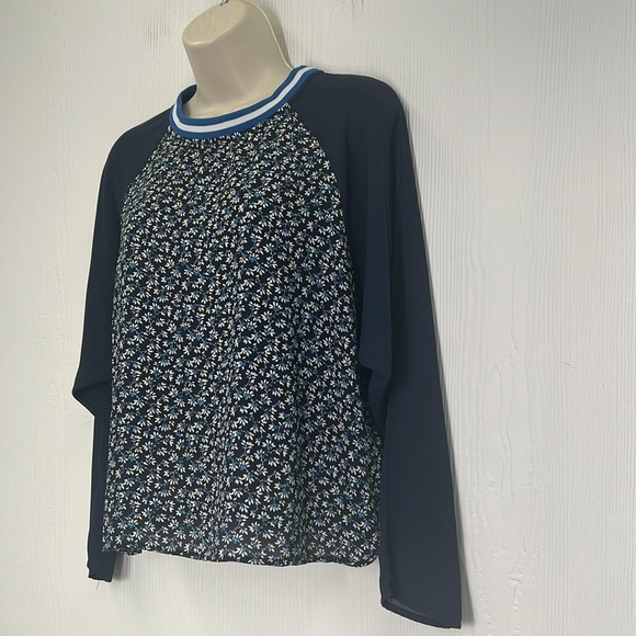 H&M - Navy Floral Stripe Crewneck Flowy Long Sleeve Lightweight Blouse Size 6 - Picture 5 of 10